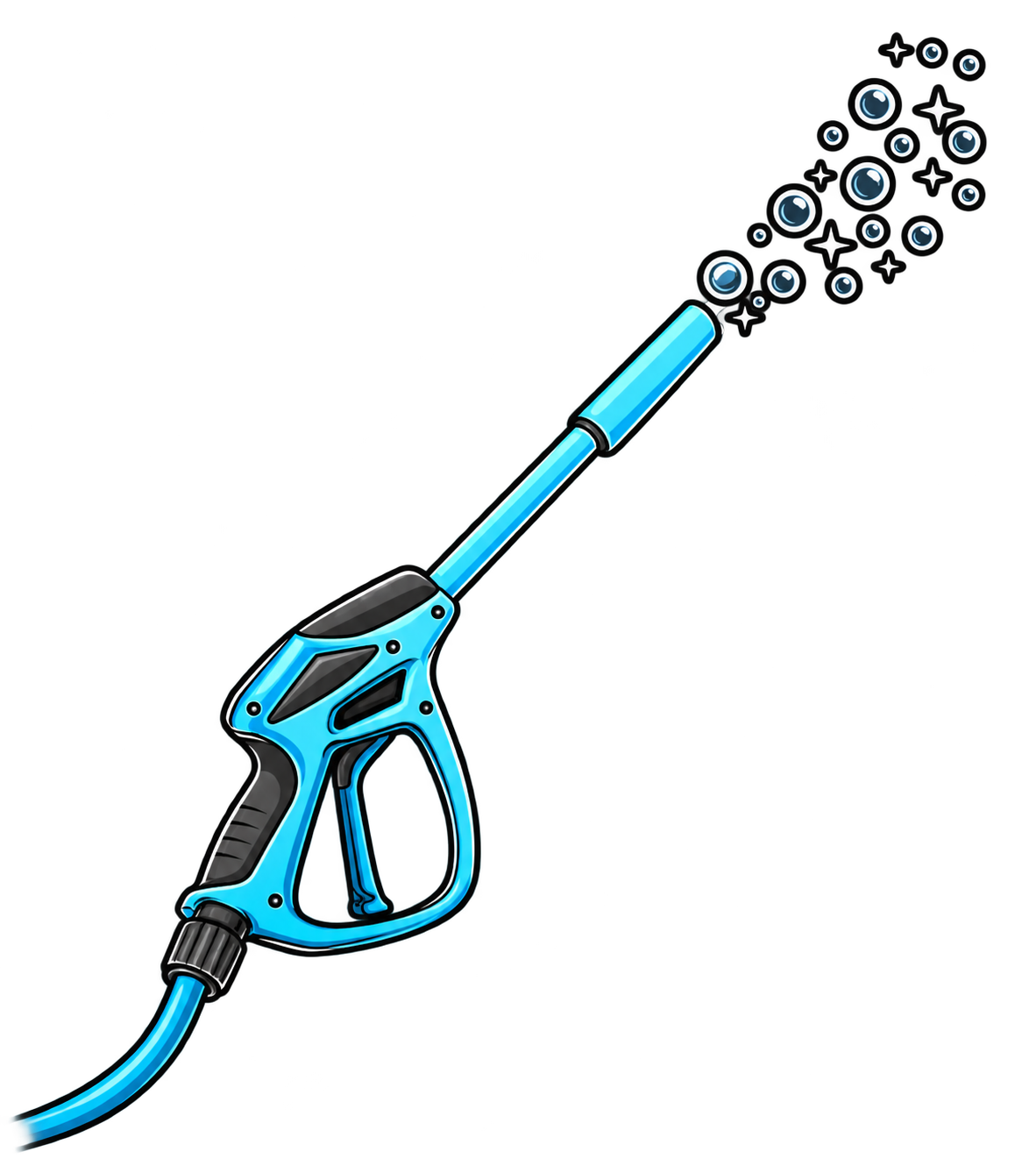Blue pressure washer spray wand with water spraying from the nozzle