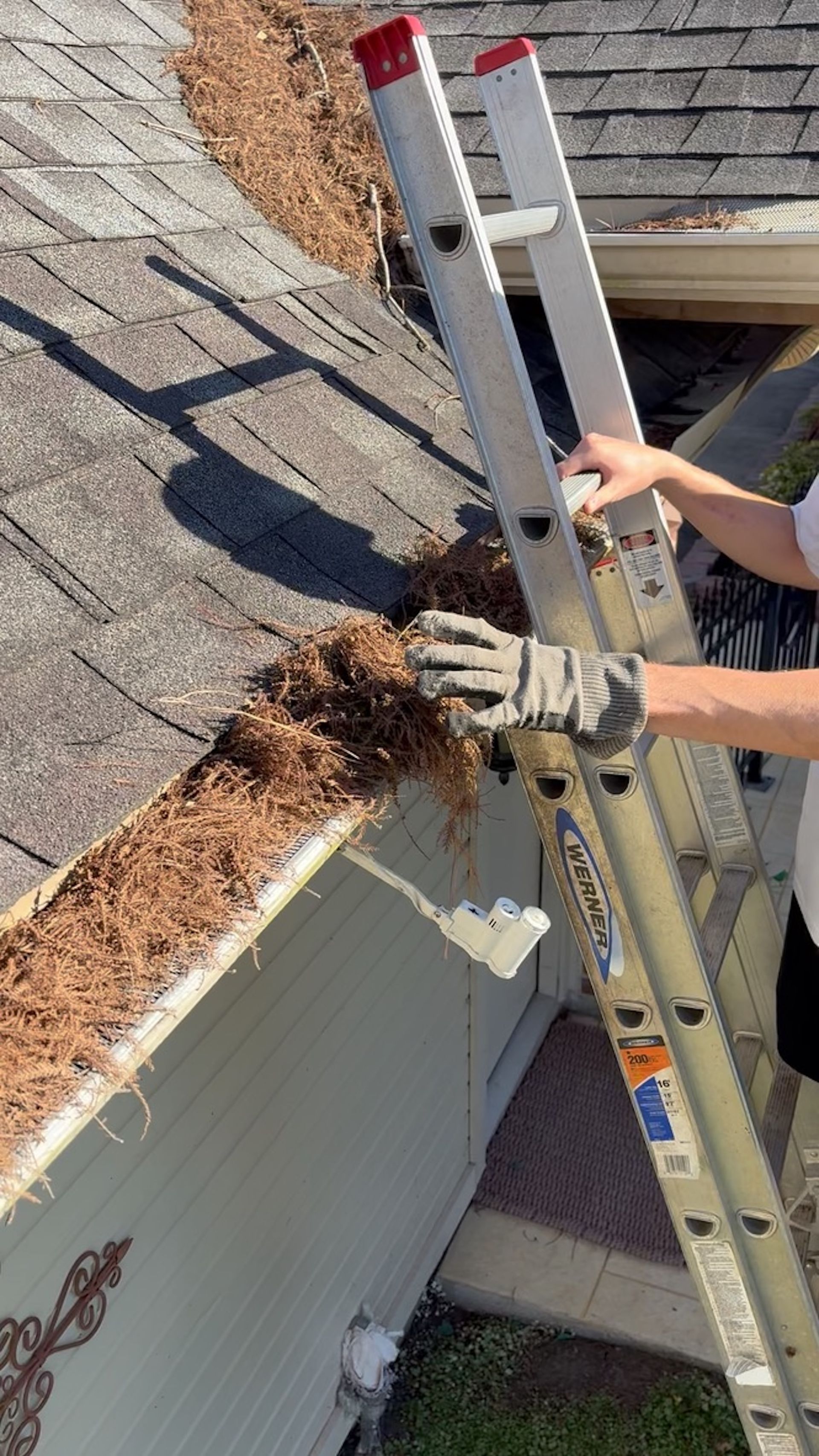Worker on ladder cleaning debris from a roof gutter beside a shingled house.