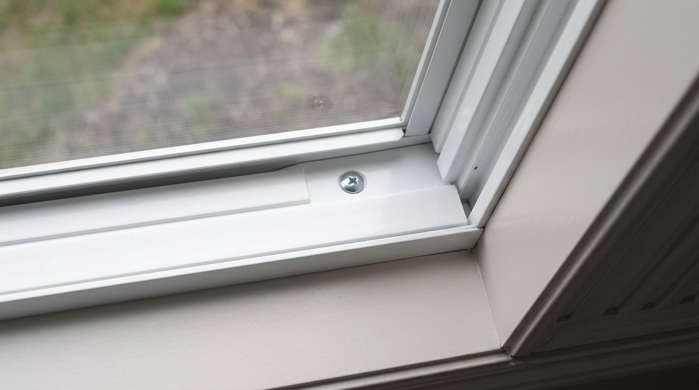 Close-up of a white window frame and sill with a small screw, beside a slanted roofline.