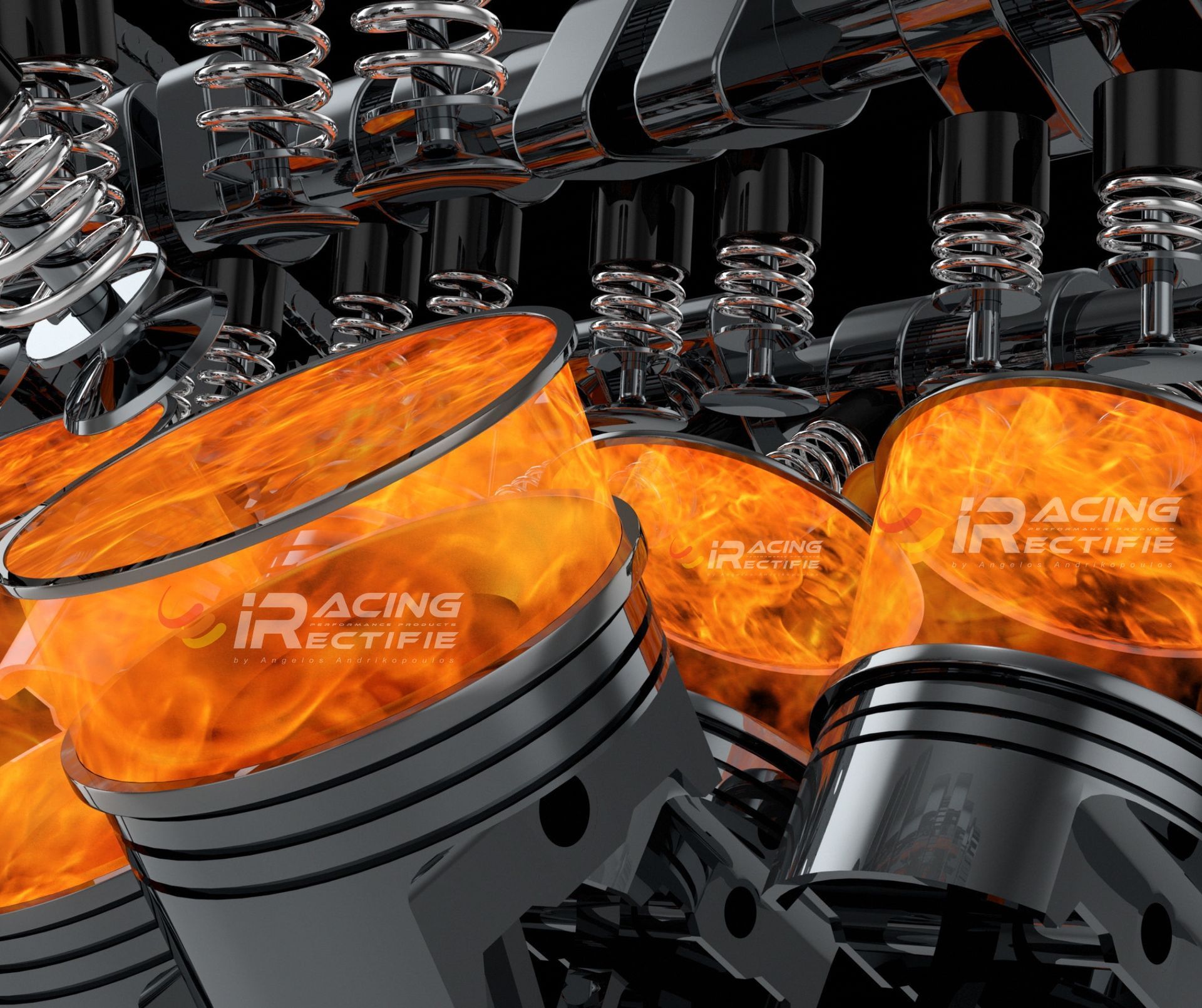 A close up of a racing engine with flames coming out of it
