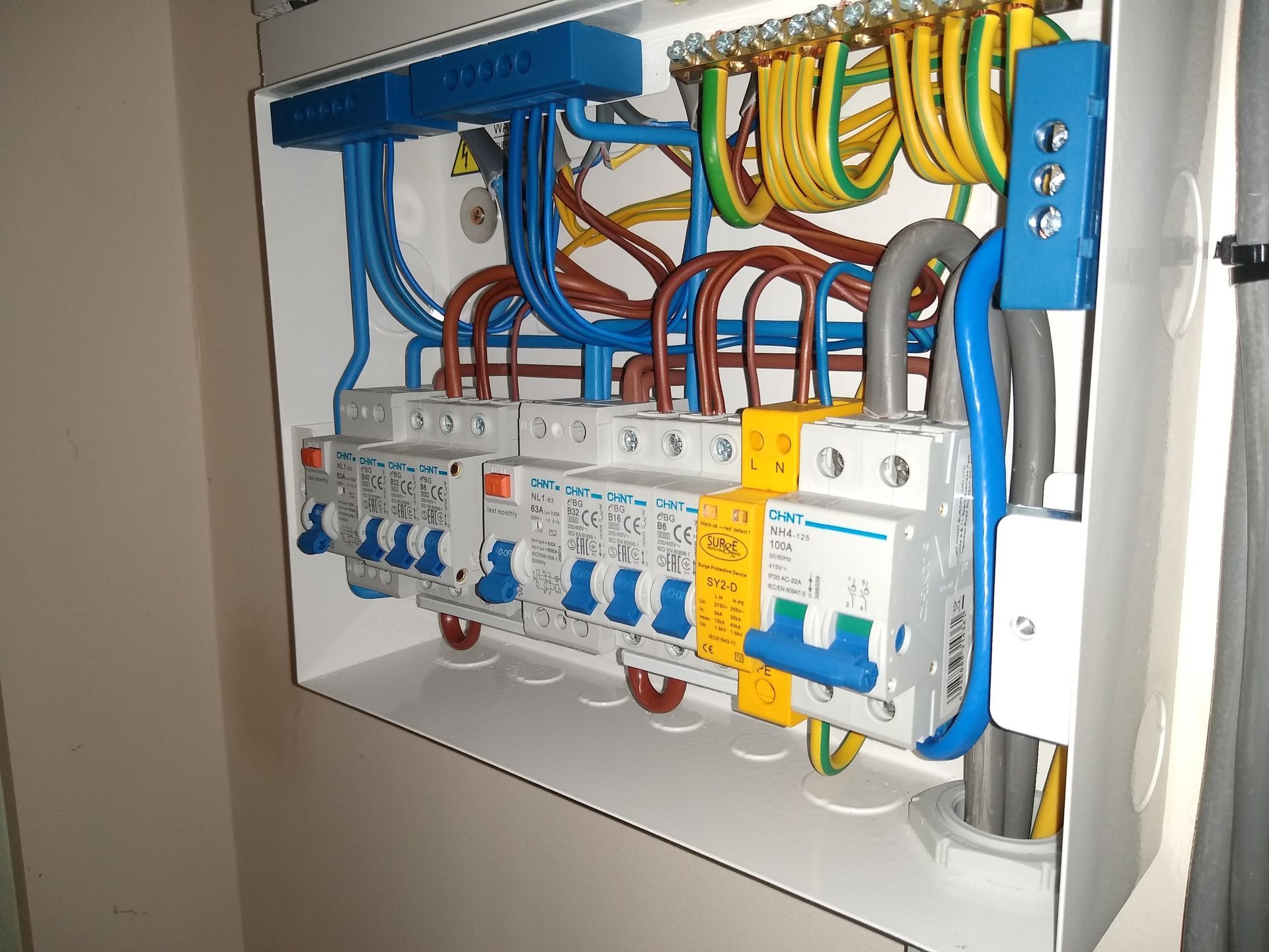 Chint consumer unit with SPD and 2 x RCD's for additional protection against electric shock.