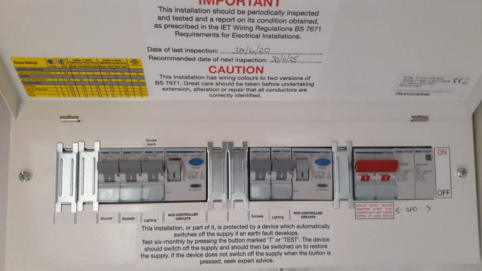 Hager consumer unit installed with SPD and metal blanks to prevent the spread of fire