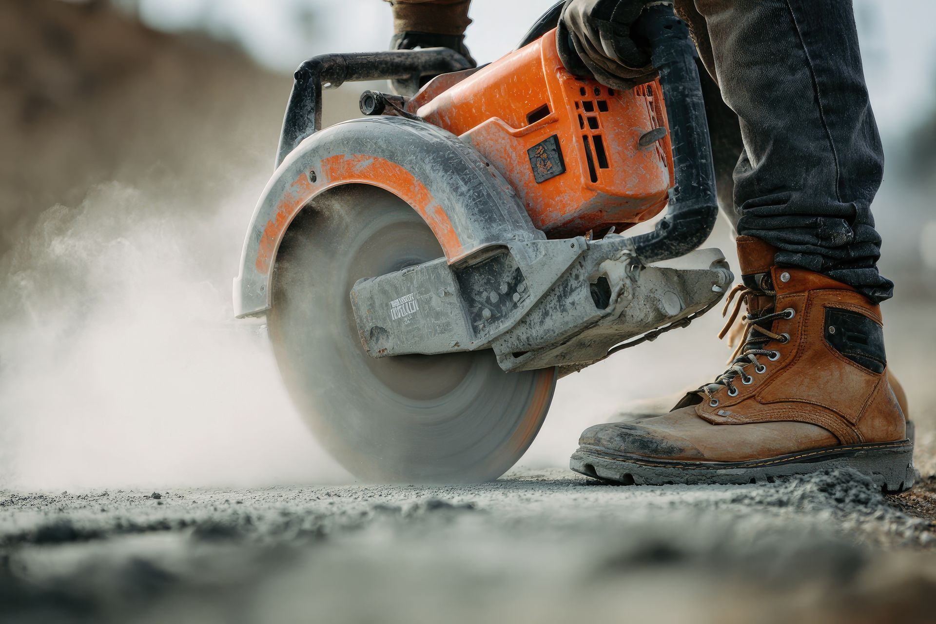 Worker cutting concrete with an orange power saw, sparks and dust flying near brown work boots.