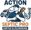 Logo for Action Septic Pro. Man holding wrench with septic truck and pipes.