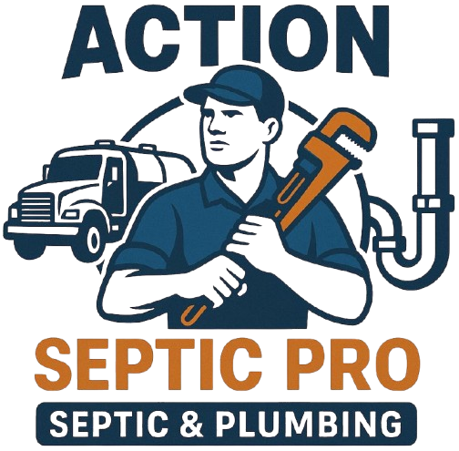Logo for Action Septic Pro. Man holding wrench with septic truck and pipes.