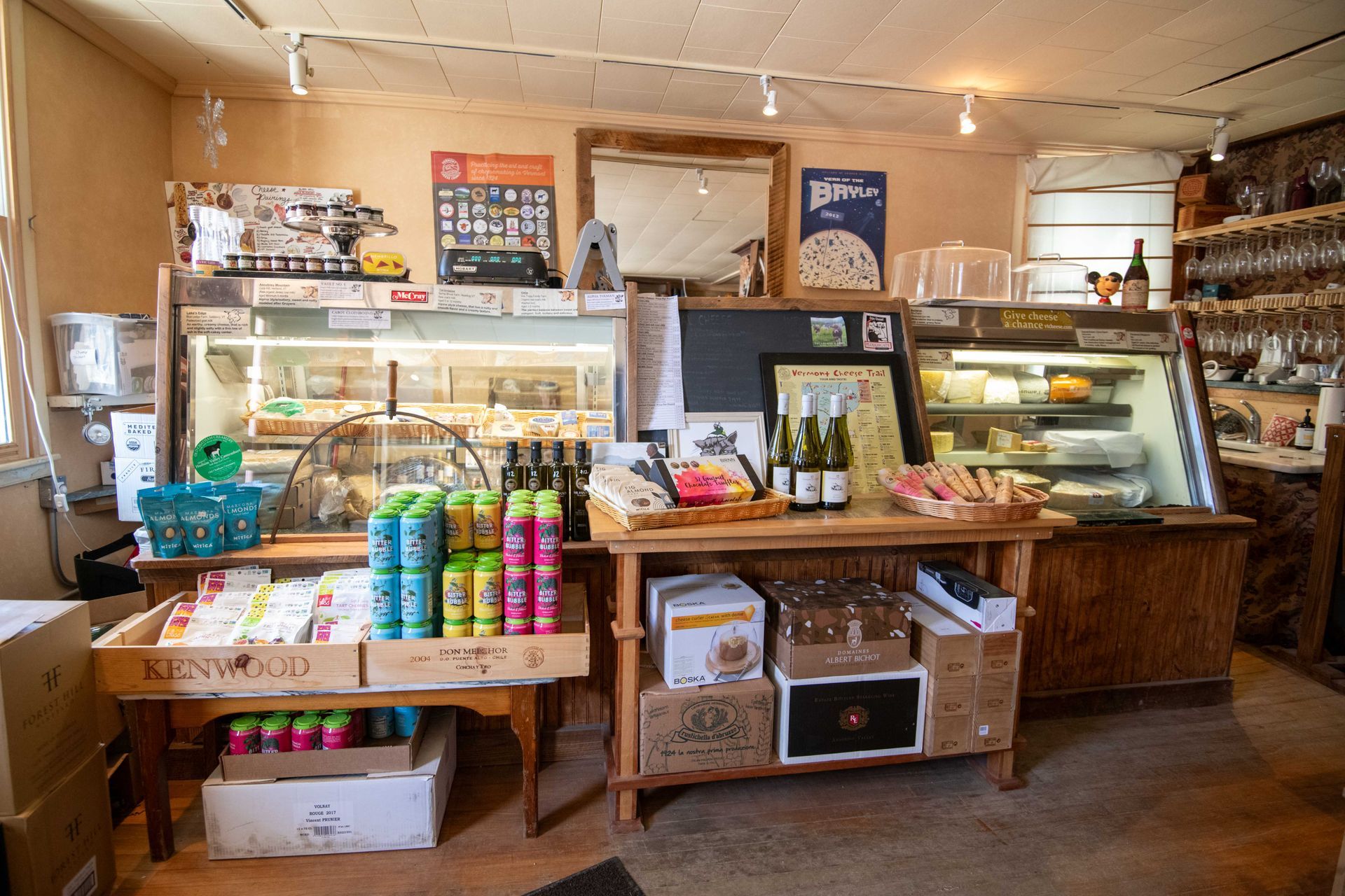 Our cheese case filled with lots of local cheeses in Ludlow, VT