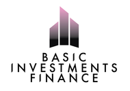 A logo for basic finance investments with a building in the background.