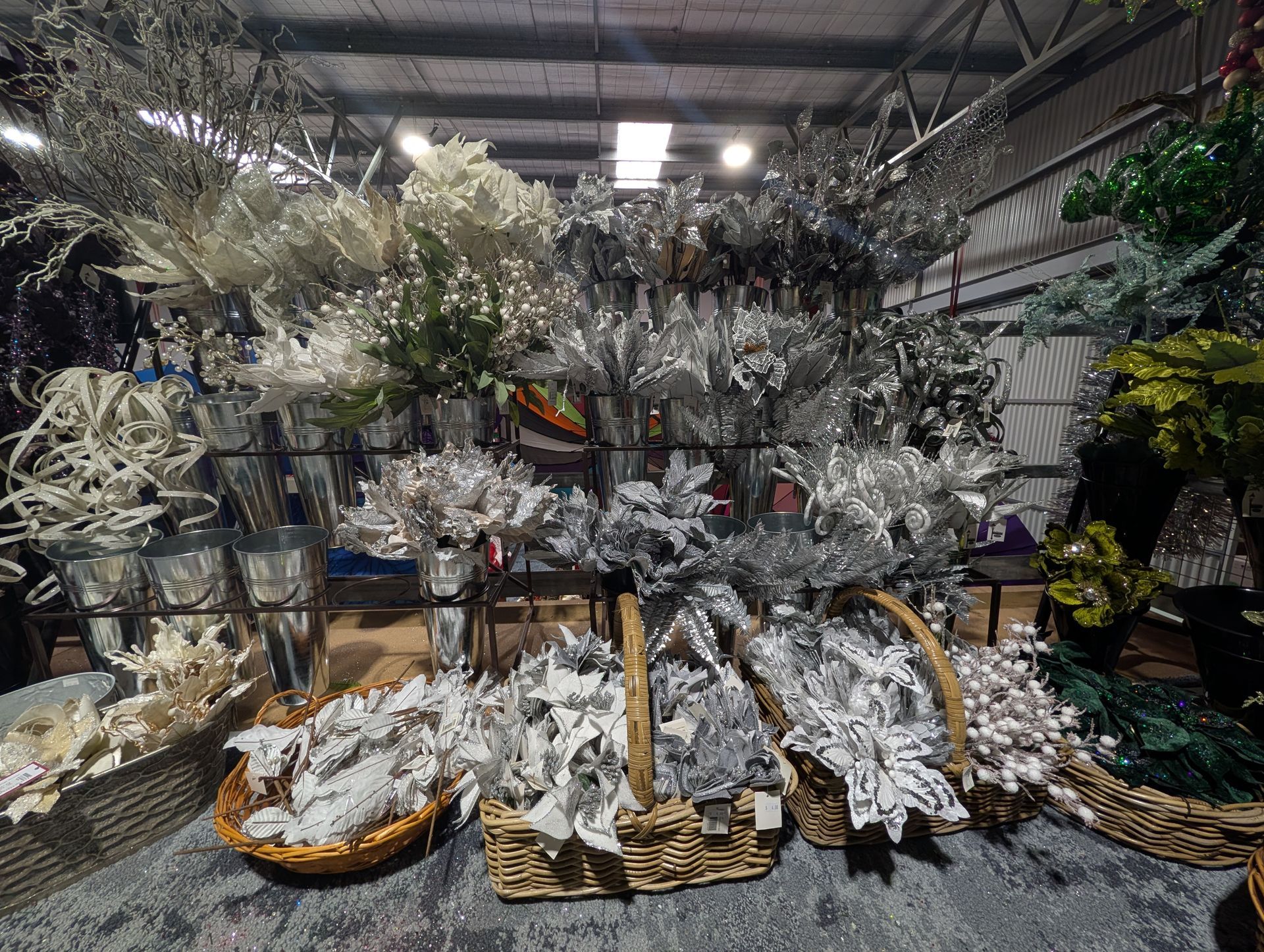 Warehouse Display of Silver-And-White Artificial Plants — Jingle Bell Christmas In Casino, NSW