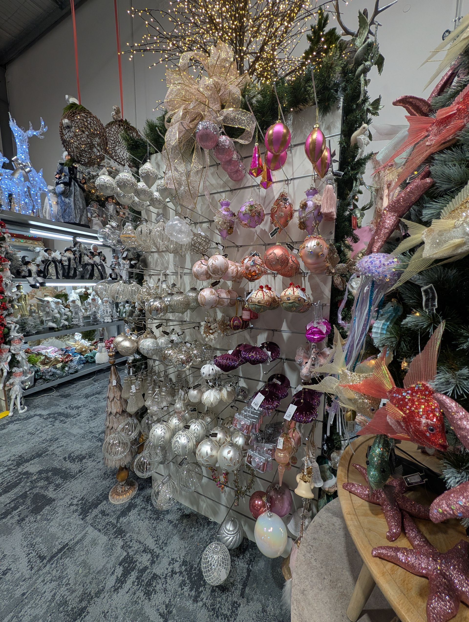 Rows of Shiny Holiday Ornaments in Silver, Pink, and Gold Display — Jingle Bell Christmas In Casino, NSW