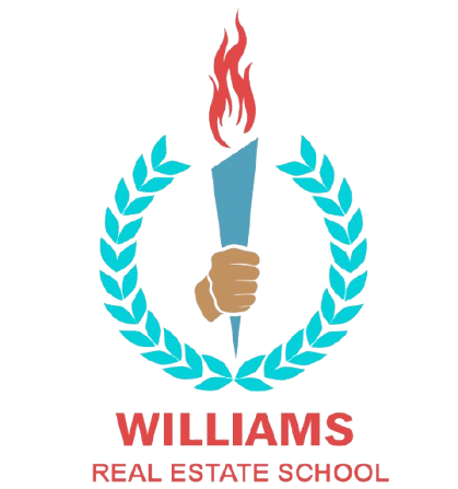 Logo for Williams Real Estate School: Torch with flame held by hand, within a turquoise laurel wreath.