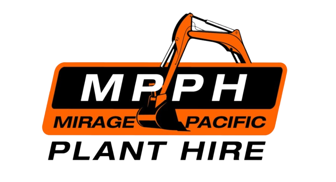 A logo for mirage pacific plant hire with an excavator on it