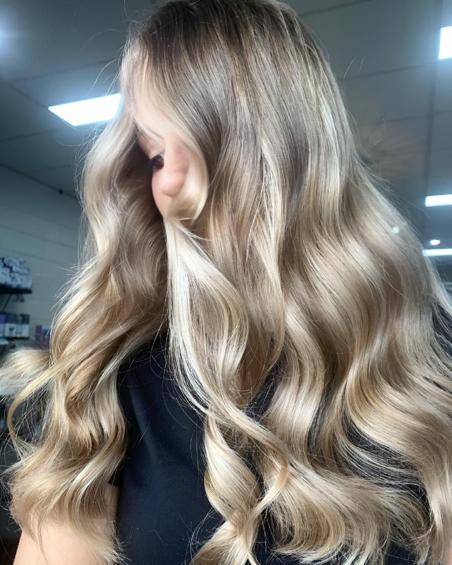 A Woman With Long Blonde Hair Is Covering Her Face — Beautique Hair Lounge & Beauty Bar In Townsville, QLD