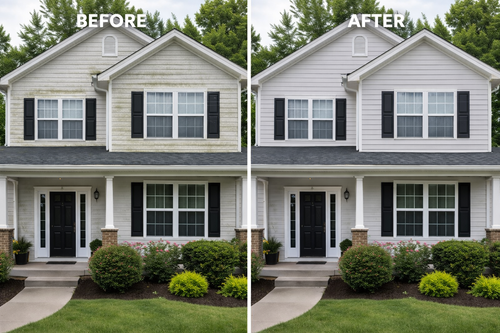 Before-and-after view of a gray two-story house with updated siding and landscaping.