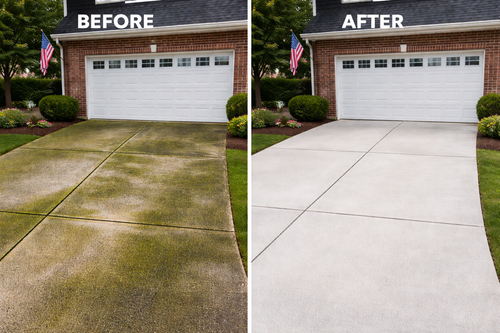 Before-and-after split view of a driveway changed from mossy to clean white concrete.