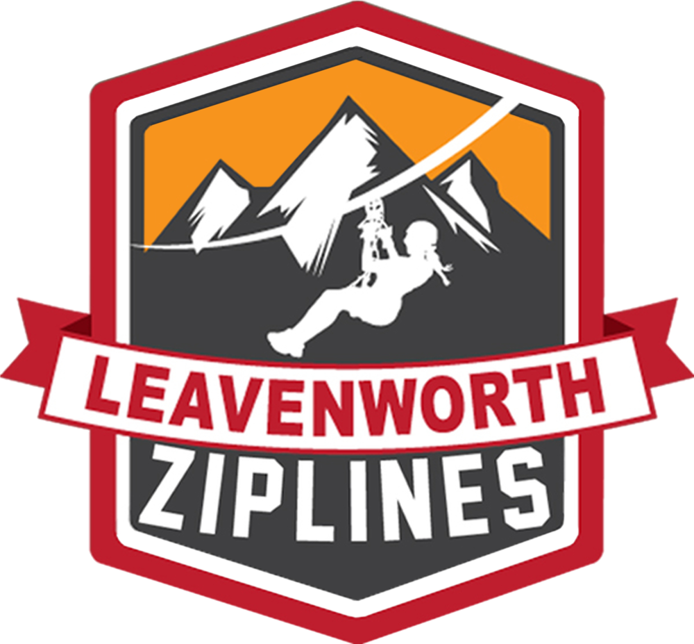 Leavenworth Ziplines logo with mountains, zipliner silhouette, and red-white shield emblem