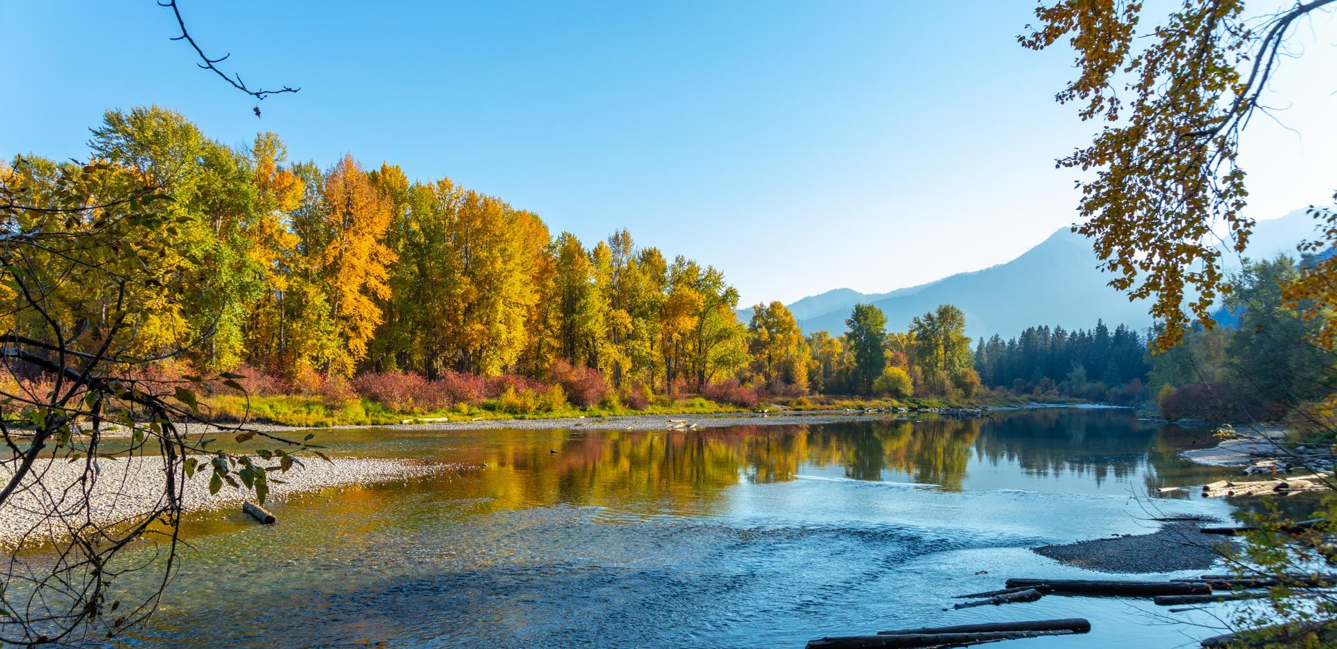 Autumn trees and mountains reflected in a calm river under a clear blue sky