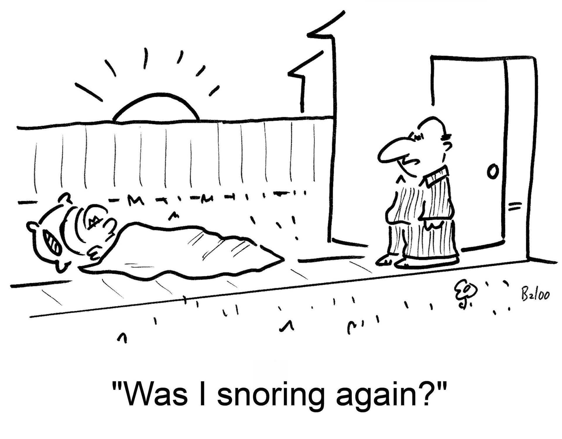 A black and white cartoon of a man standing next to a sleeping person. A black and white cartoon of a man standing next to a sleeping person.