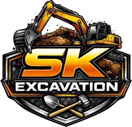 Logo for SK Excavation featuring a yellow excavator, a pile of dirt, a shovel, and a sledgehammer on a metallic emblem.