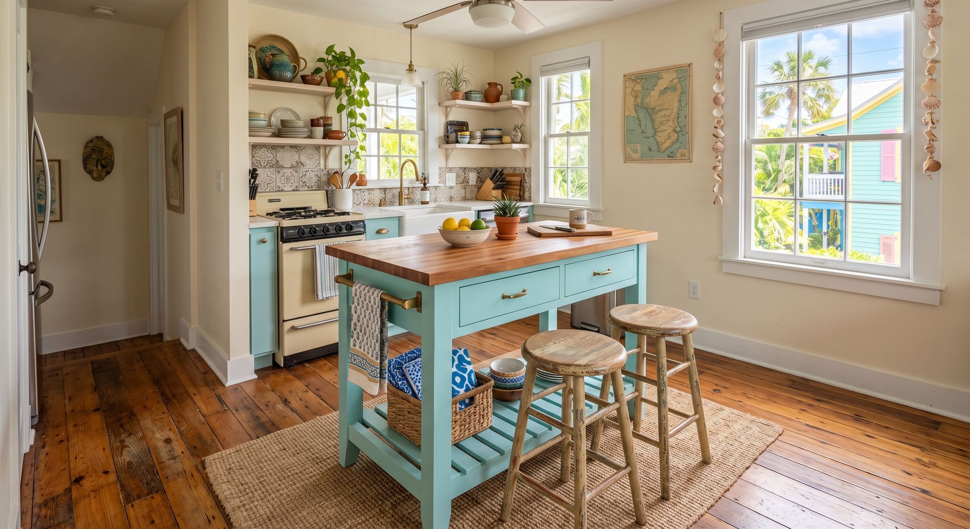 Bright kitchen with a turquoise table, stools, shelves, and sunlight from two windows
