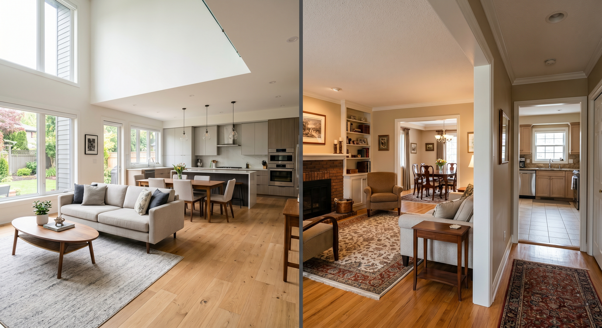 Open-plan living area with white sofas, wood floors, kitchen, dining nook, and hallway view