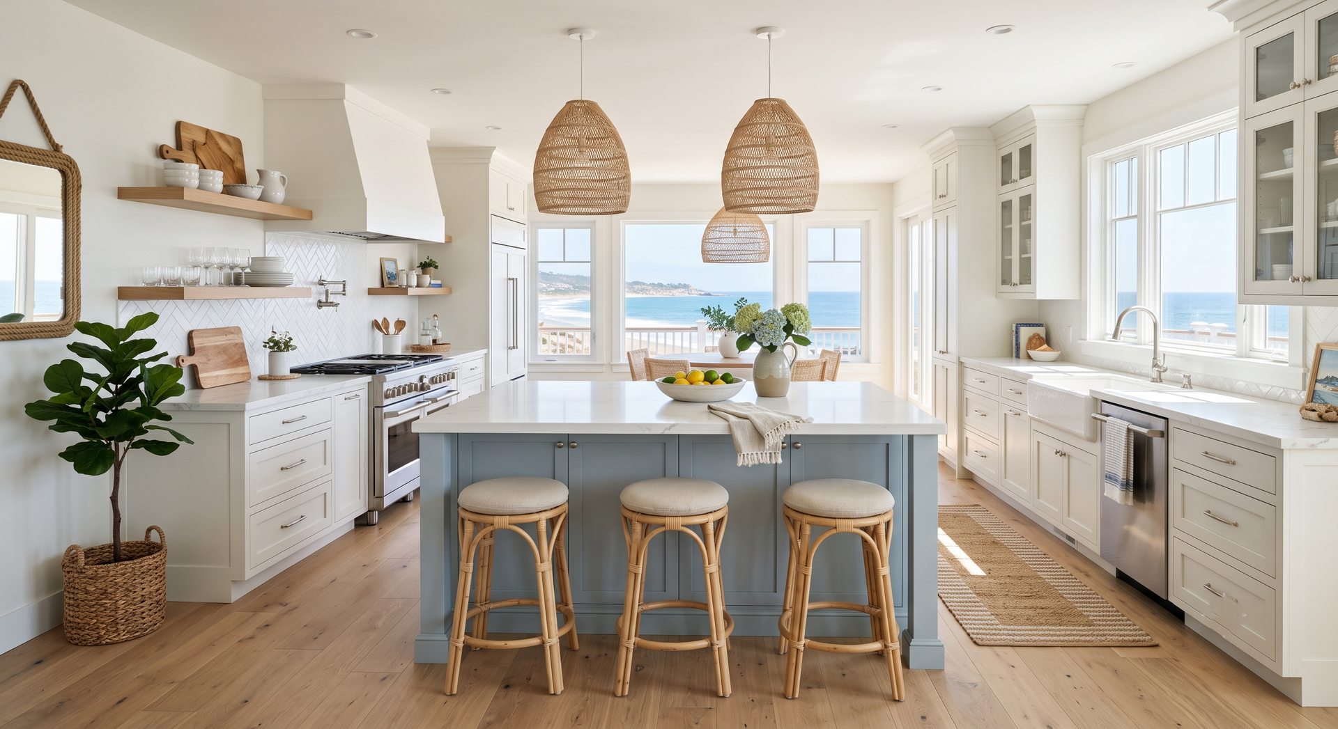 Bright modern kitchen with island, wicker stools, white cabinets, and woven pendant lights