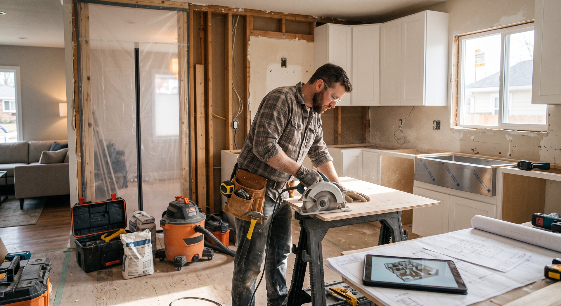 Construction worker cutting wood in a partially renovated kitchen with tools and exposed framing.