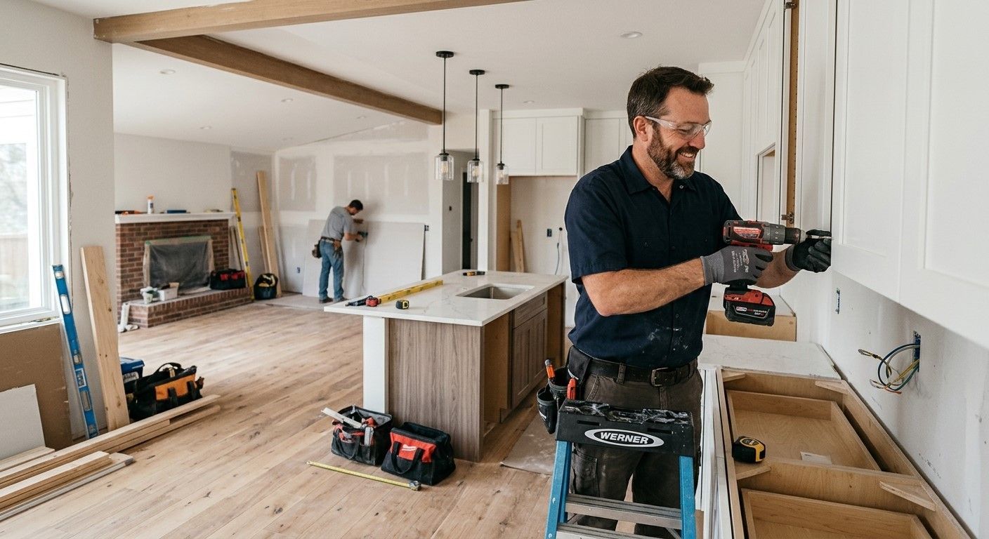 Workers renovating a bright living room; man using a power drill in the foreground.