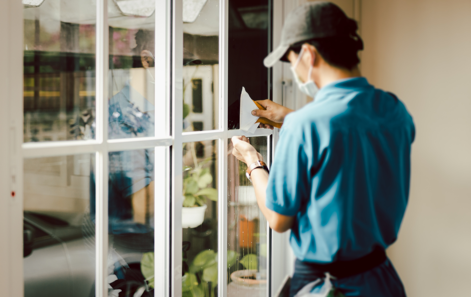 Person in blue shirt and cap cleaning a window pane, holding a cleaning tool.