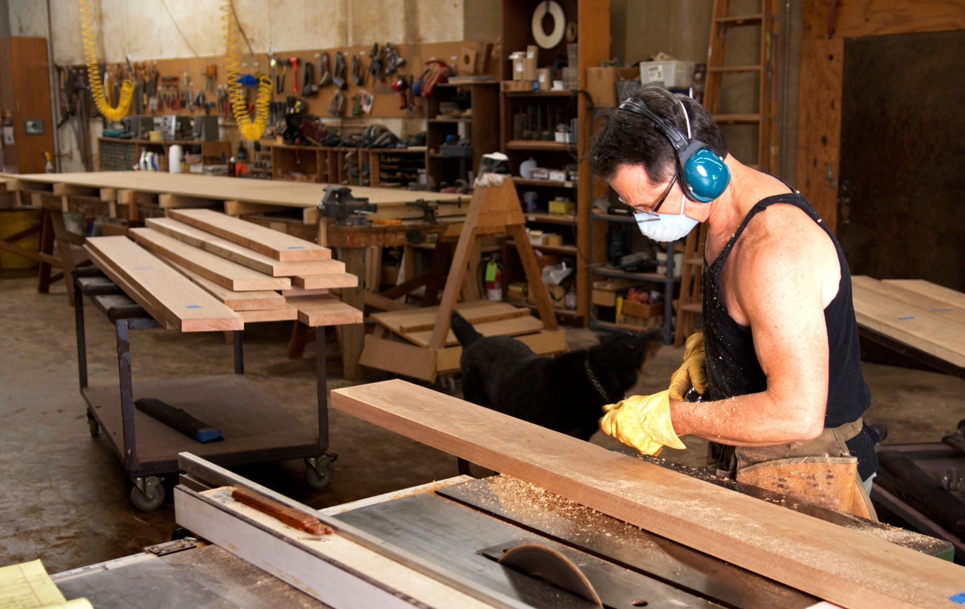 Carpenter wearing safety gear cutting wood with a table saw in a workshop.