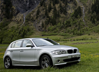 Un BMW hatchback plateado estacionado en un campo de hierba con una montaña y árboles al fondo.