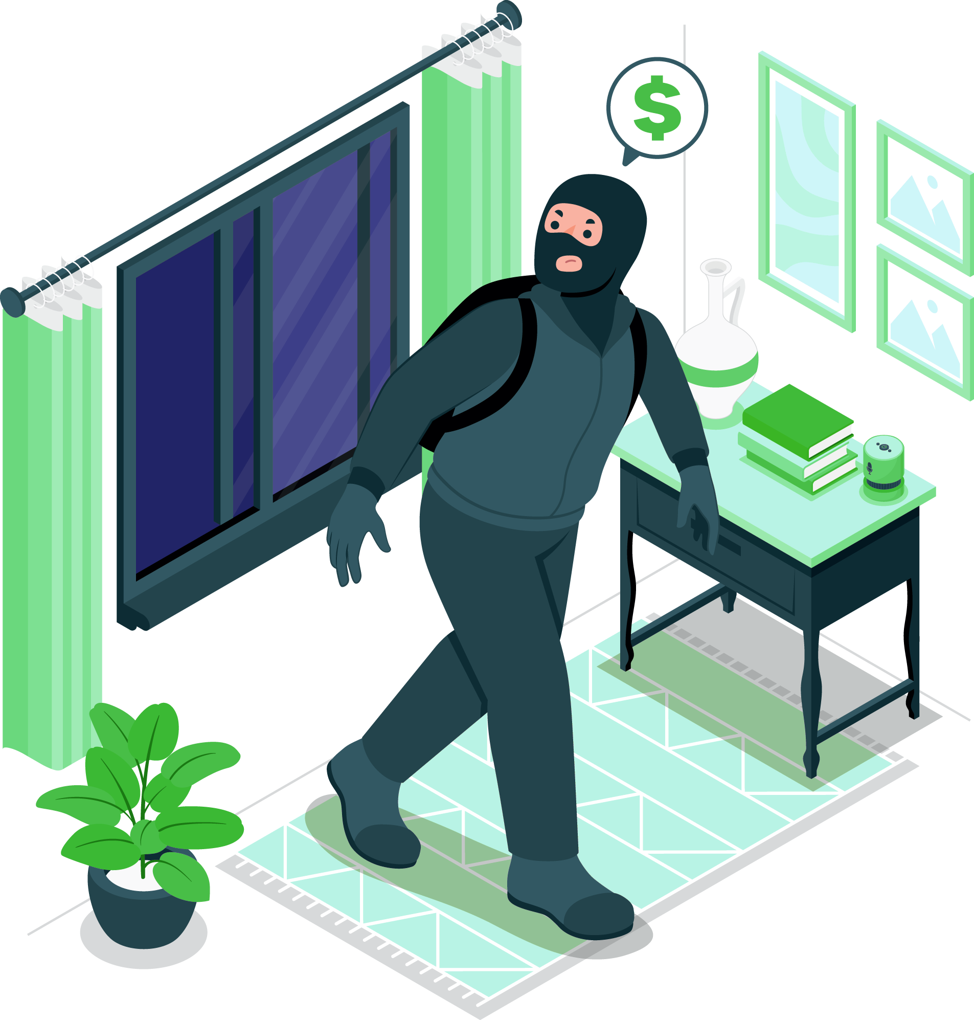 An isometric illustration of a burglar walking through a living room.