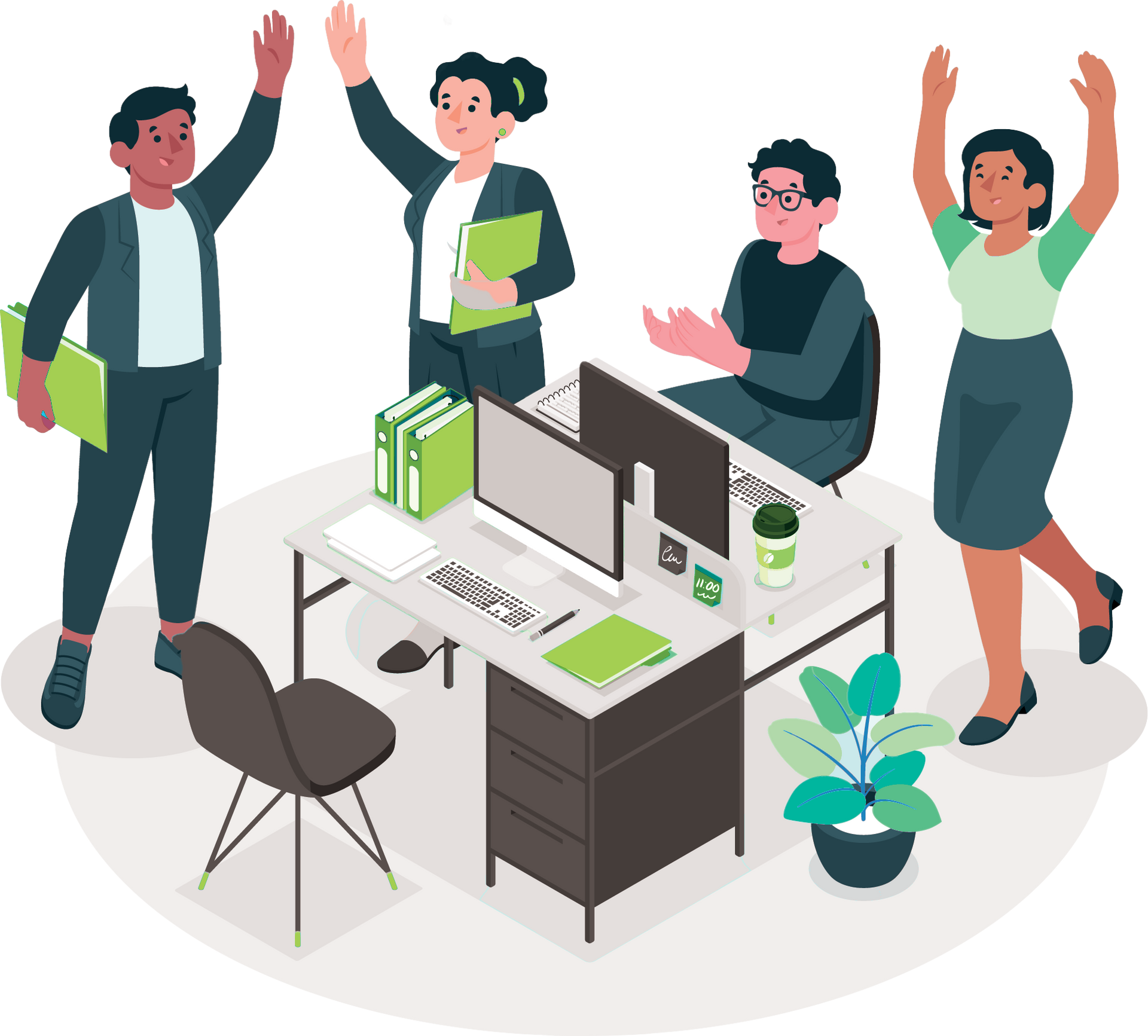 A group of people are giving each other a high five in an office.
