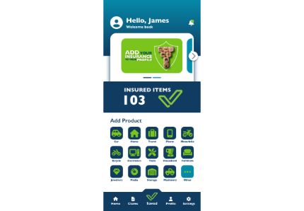 Proova app. Hello, James user screen. Insurance profile and insured items section. Product categories inc car, home, travel.