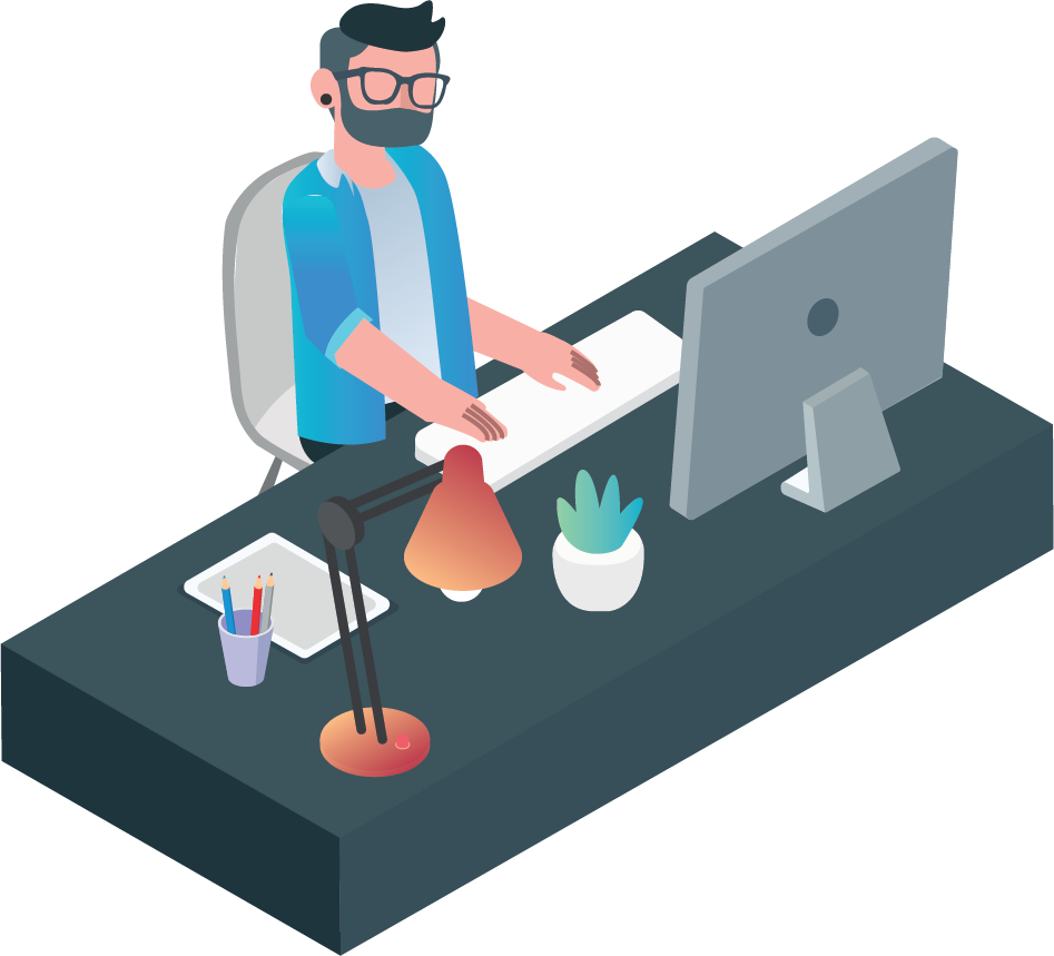 A man is sitting at a desk using a computer.