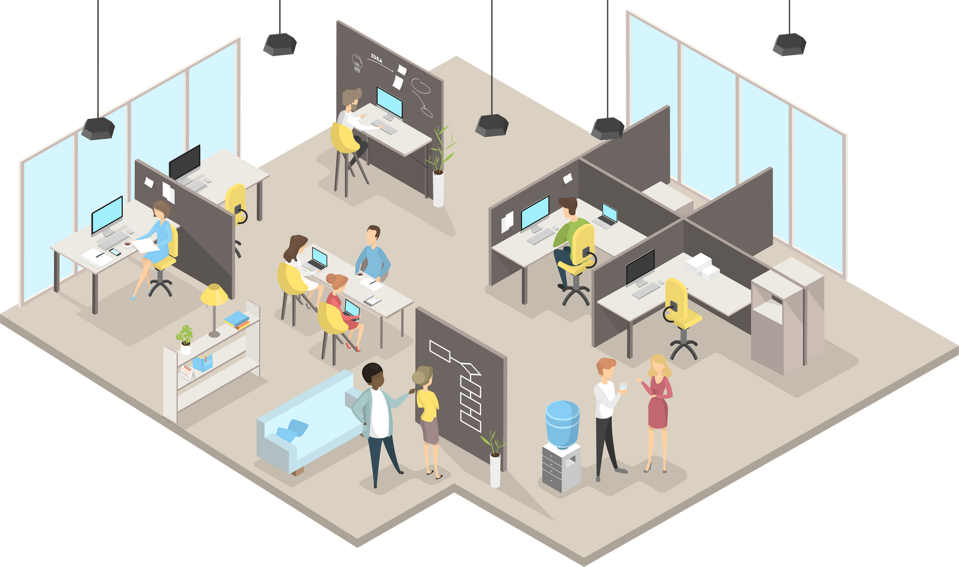 An isometric illustration of a modern office with people working at desks.
