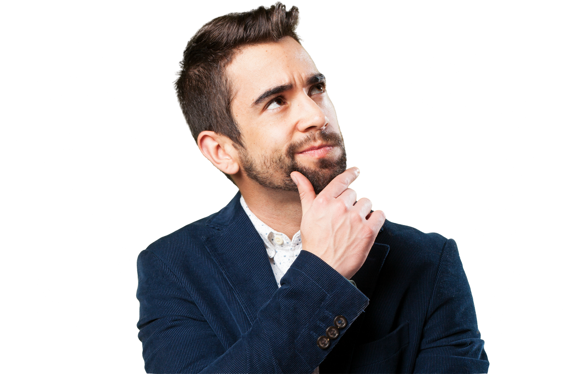 Man in navy blazer looking up thoughtfully, hand on chin.