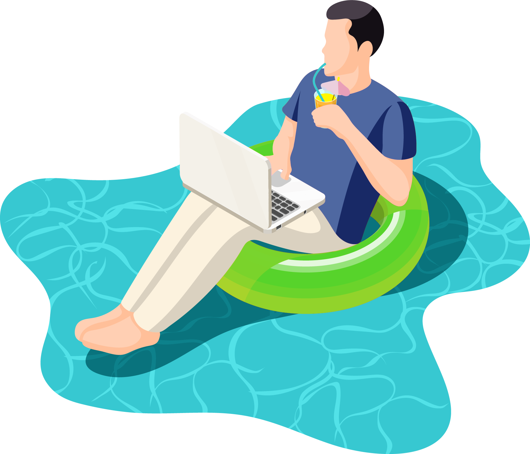 A man is sitting on an inner tube in a pool using a laptop.