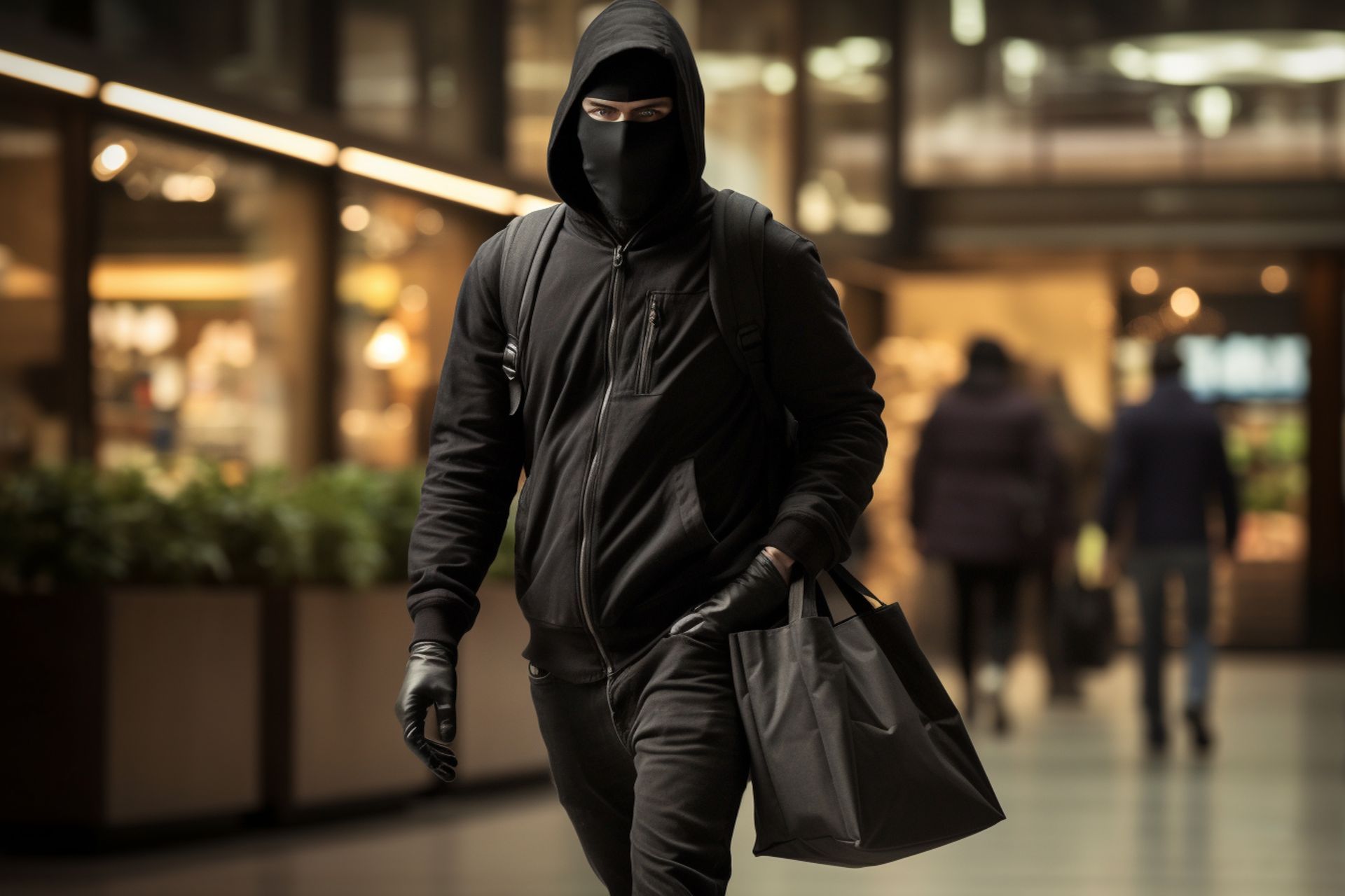 A man wearing a mask and a hood is walking down a street.