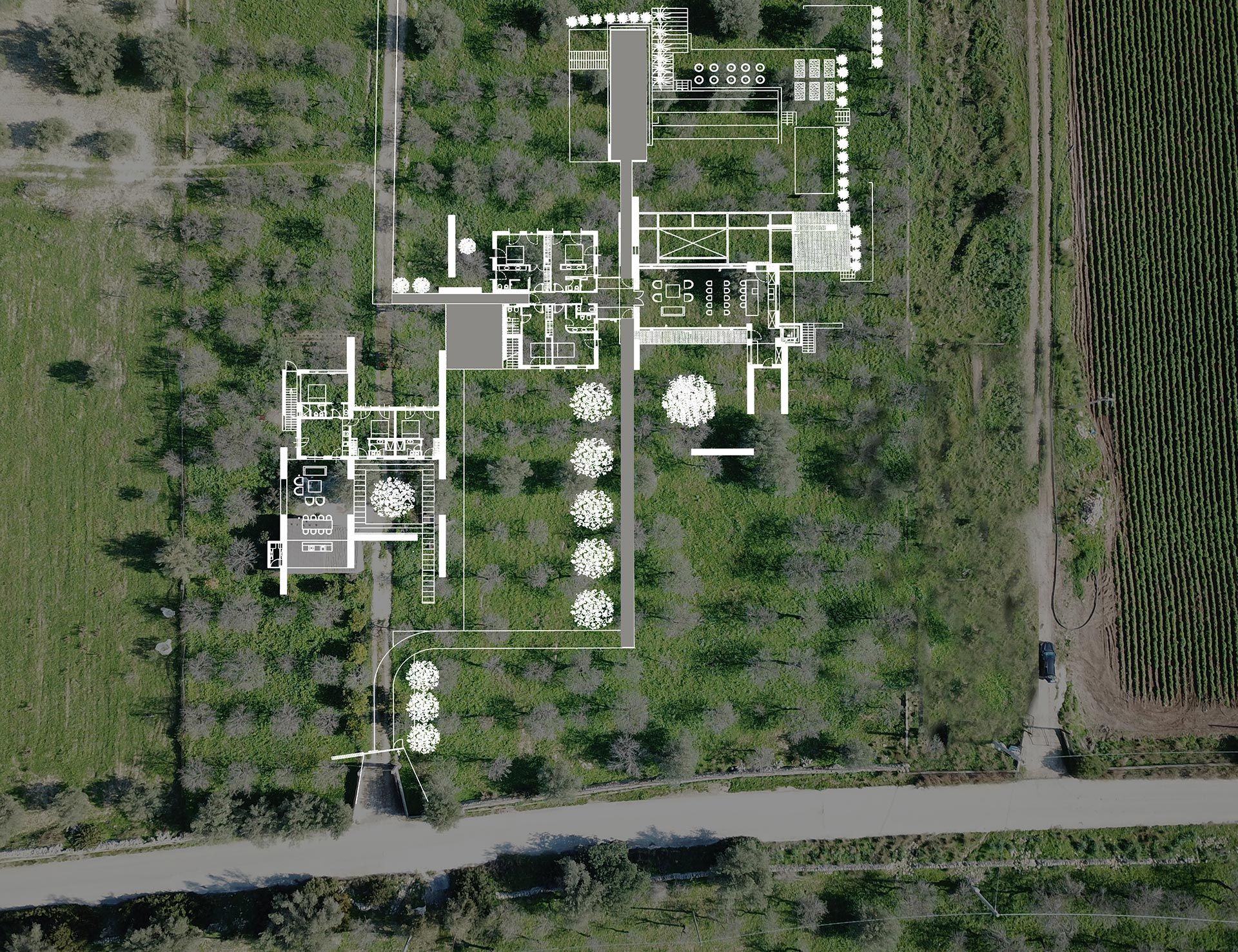 Eine Luftaufnahme eines Hauses, umgeben von Bäumen und Gras