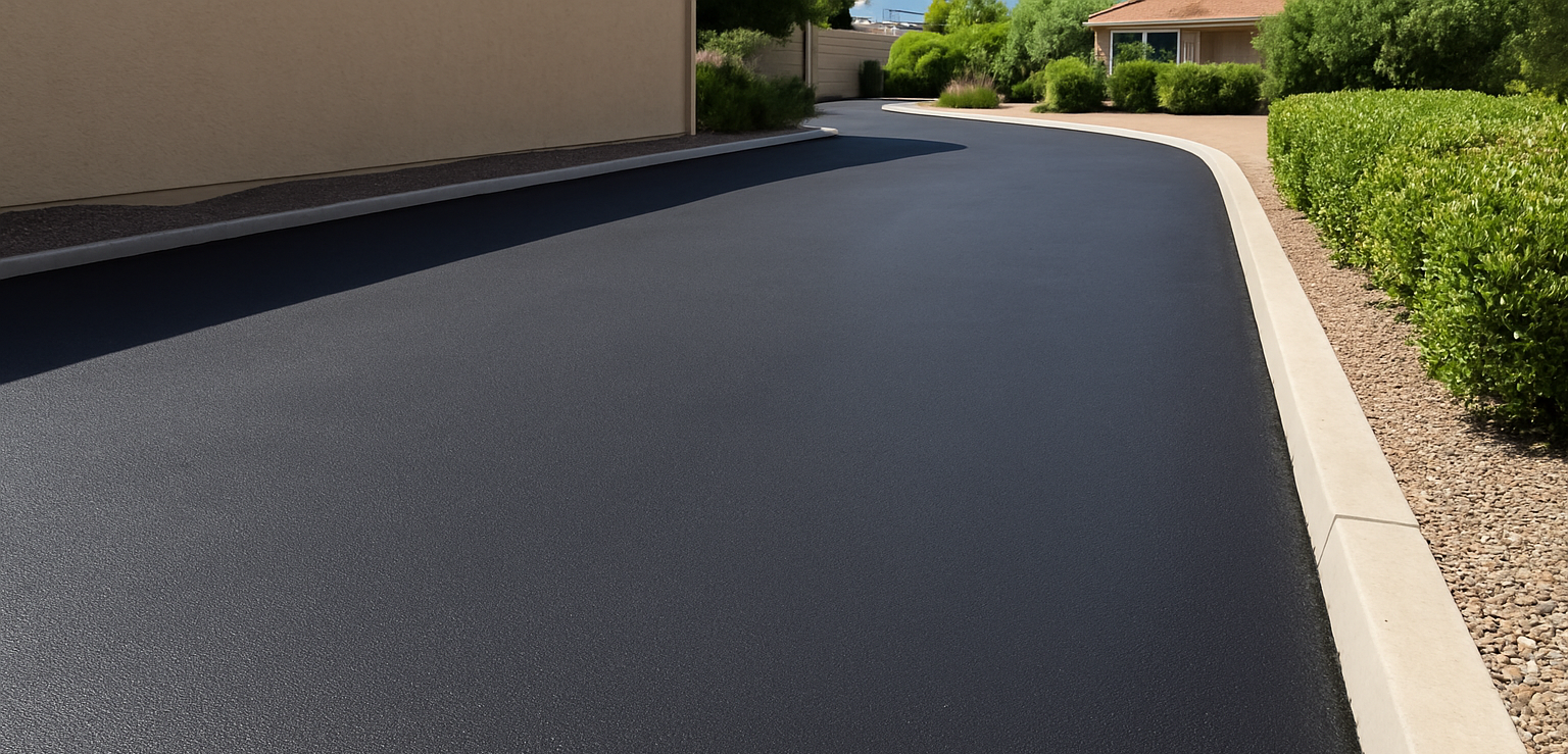 Newly paved asphalt driveway, dark gray, extending towards a light-colored curb and bushes.