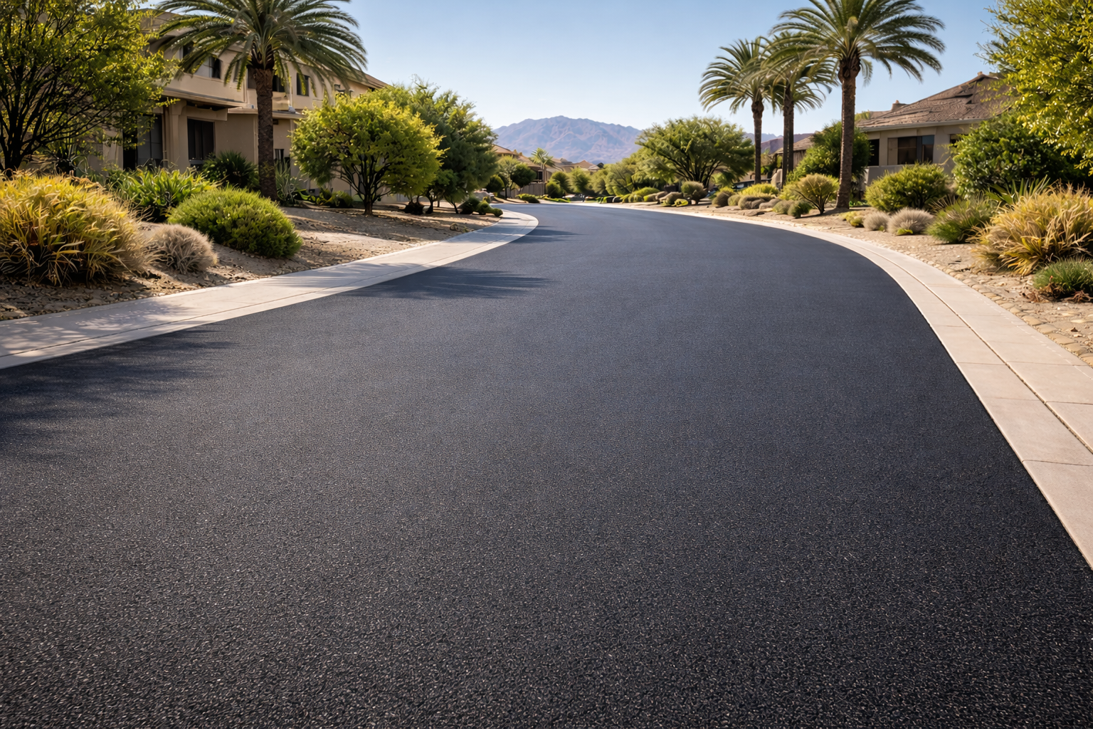 A paved residential street curves through a sunny desert neighborhood lined with palm trees and green shrubs.