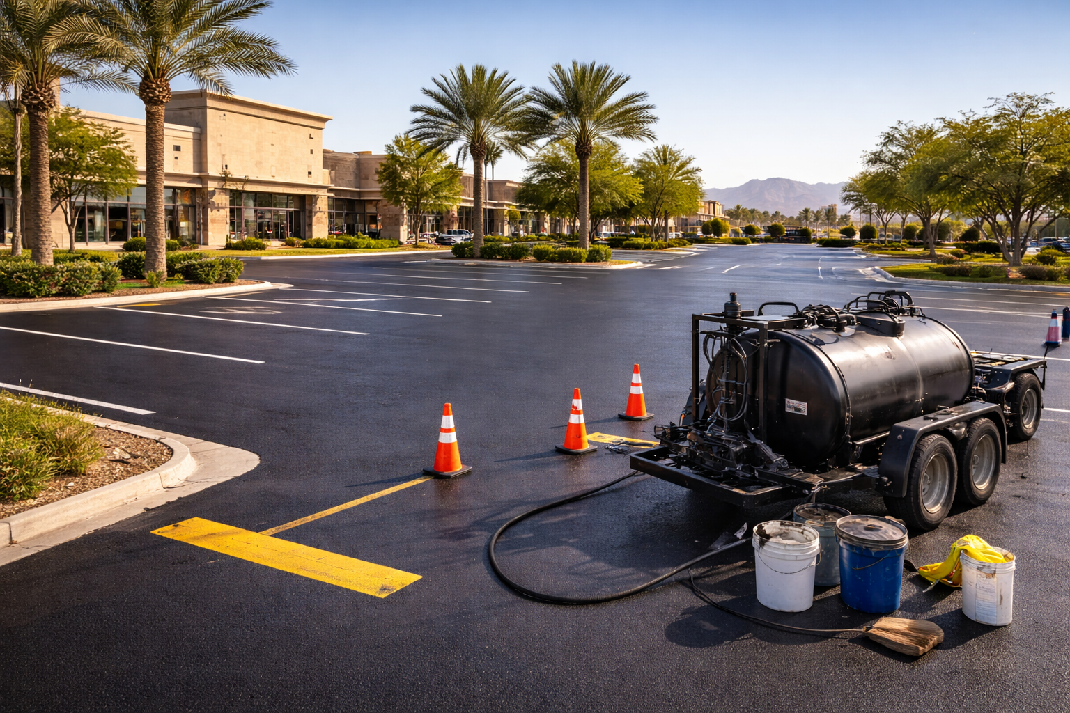 Black asphalt parking lot with sealant tanker, cones, and buckets; palm trees and shops in background.