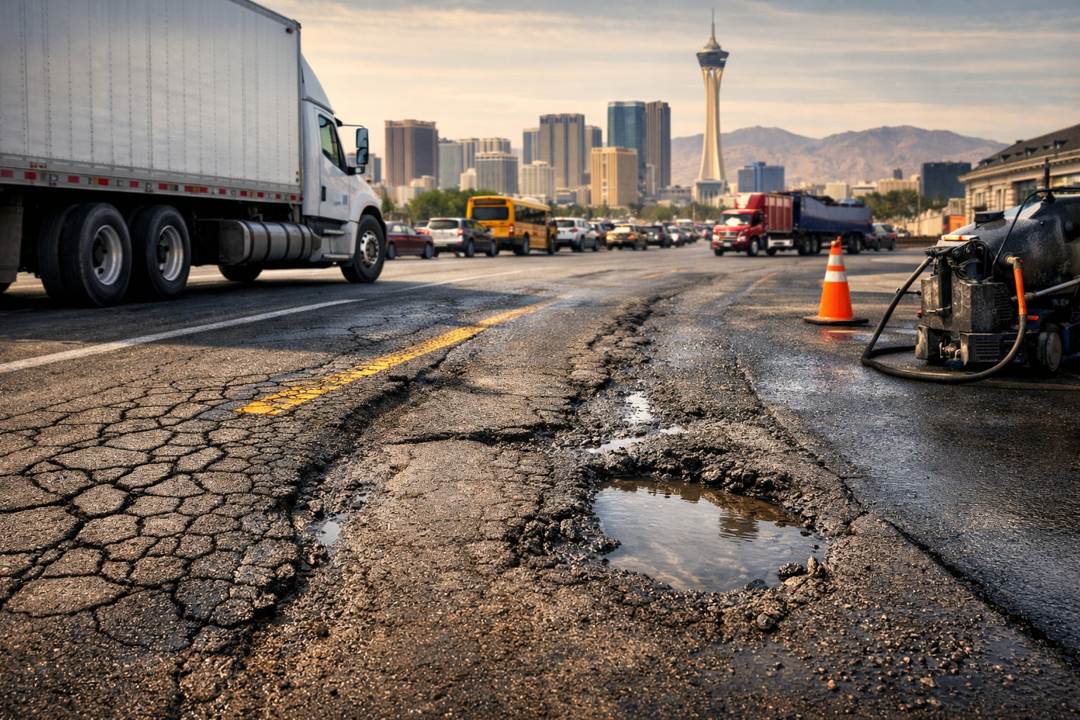 Damaged road with large potholes; city skyline and semi-truck in background.