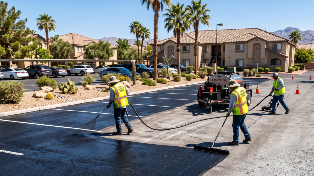 sealcoat contractors sealing up a HOA parking lot to prepare the parking lot for next season