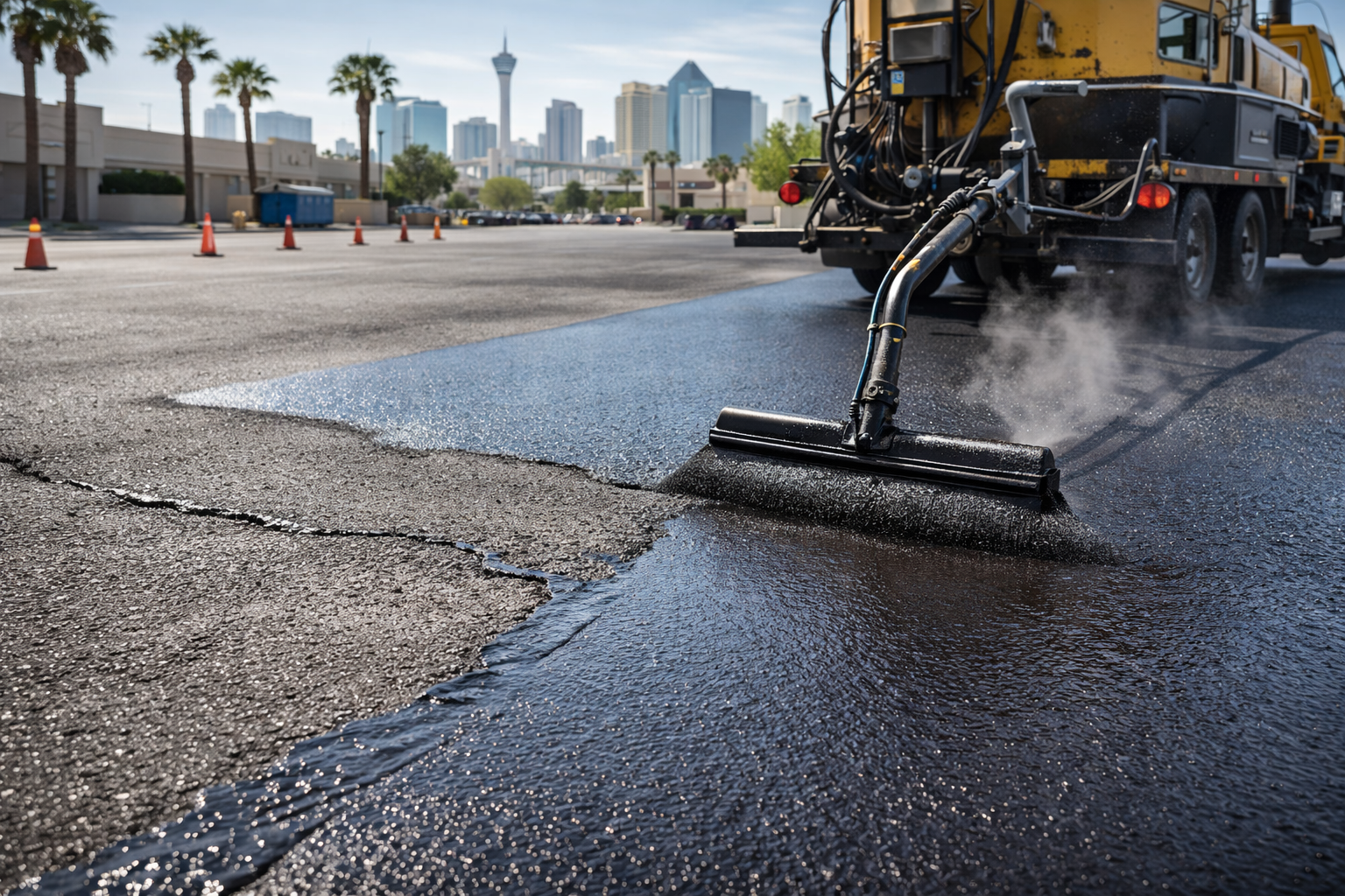 Asphalt resurfacing machine spraying a fresh layer of black pavement on a road, with Las Vegas skyline in the background.