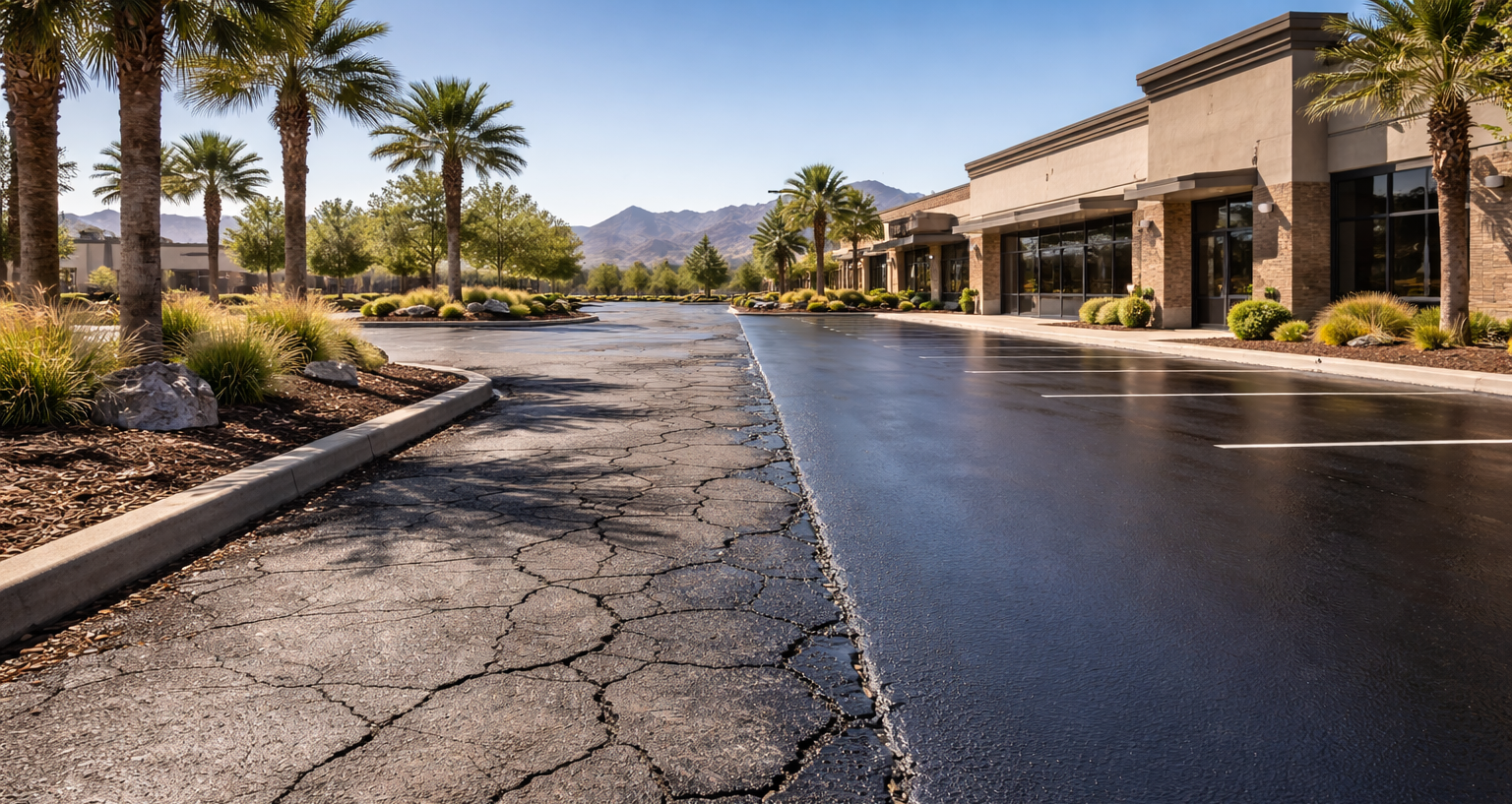 Cracked asphalt next to newly paved road in a commercial area, palm trees and buildings in the background.