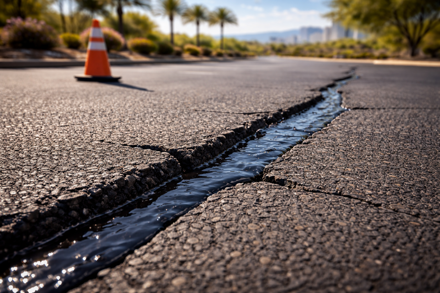 Asphalt road crack filled with liquid, orange traffic cone, sunny outdoor setting.