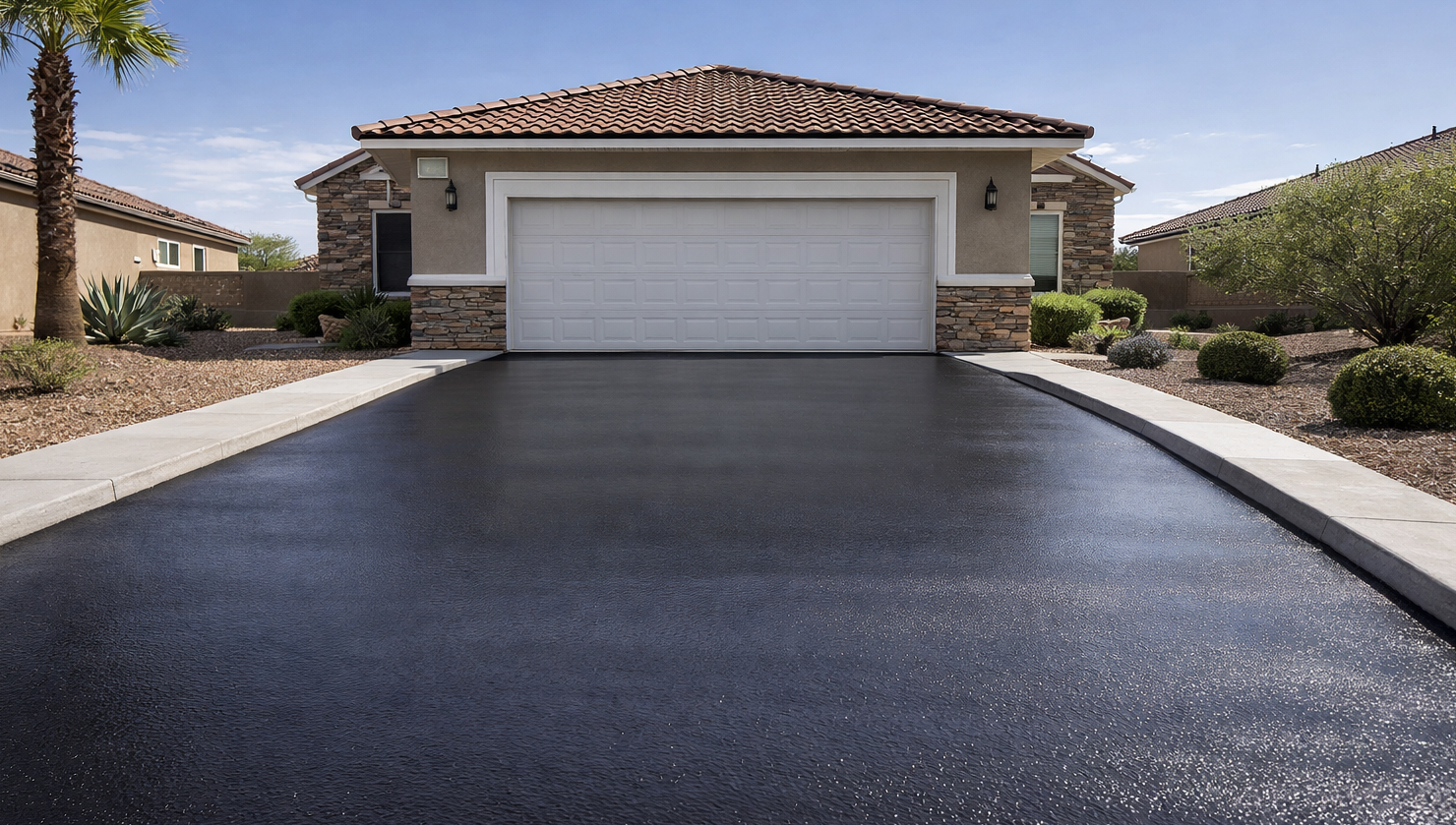 A freshly sealed, glossy black asphalt driveway leading to a suburban garage under a clear blue sky.