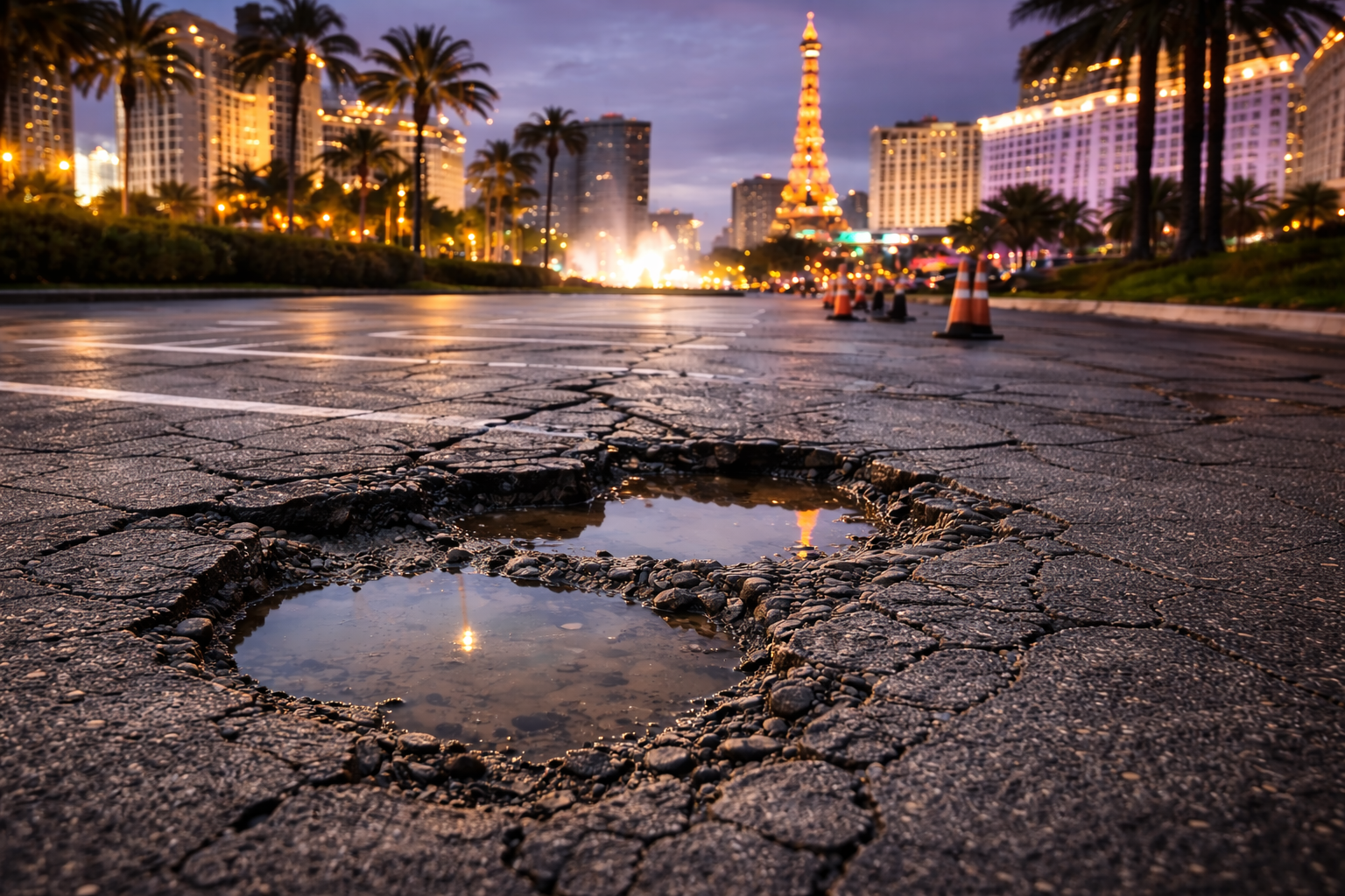 Pothole filled with water on road in Las Vegas, Eiffel Tower replica and lit buildings in the background.