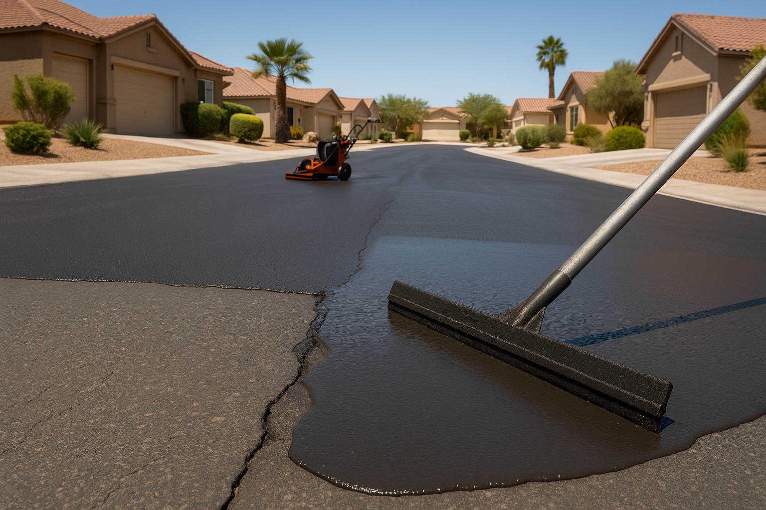 Asphalt sealing on a residential street. A squeegee spreads black sealant over pavement.